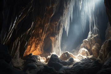 A mystical cave illuminated by a celestial light from above