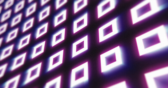 Abstract purple pattern of glowing geometric squares loop futuristic hi-tech black background - Powered by Adobe
