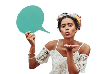 Fashion, kiss and portrait of woman with speech bubble, poster or sale on isolated, transparent or png background. Face, thank you and female boho model show space for social media, support or deal