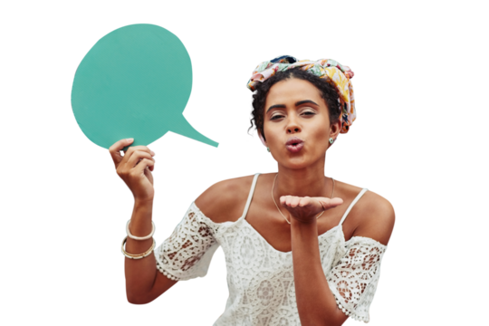 Fashion, kiss and portrait of woman with speech bubble, poster or sale on isolated, transparent or png background. Face, thank you and female boho model show space for social media, support or deal
