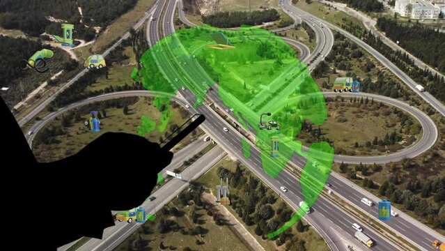 Intelligent Vehicles Cars Communicating Ai Logistic Autonomous Delivery Vehicles IoT GPS Tracking Satellite 5G Smart Roads Traffic Road Junction Interchange Motorway Triangulation Of Traffic Data