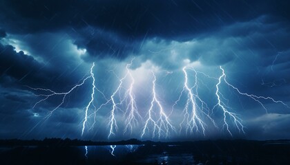 A dramatic display of lightning strikes illuminating the night sky