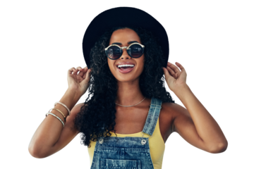 Summer, fashion and smile, woman isolated on transparent png background in sunglasses and hat for portrait. Travel, holiday and happy gen z girl in eyewear, designer clothes and luxury vacation style