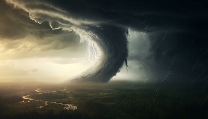 A massive tornado swirling above a cityscape