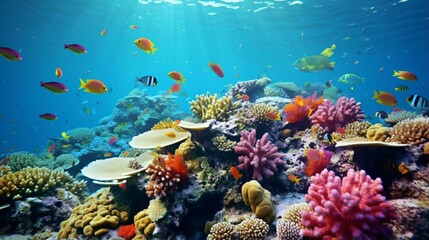 A vibrant underwater scene with a multitude of fish swimming above a colorful coral reef
