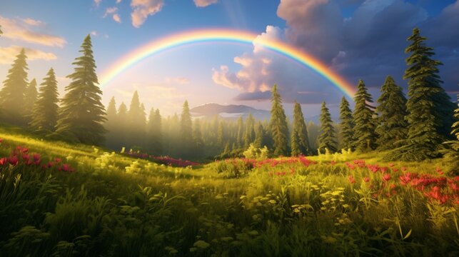 A vibrant rainbow arching over a lush forest landscape