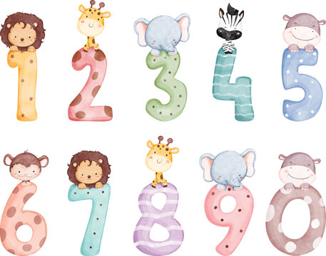 Watercolor Illustration set of numbers with cute safari animals