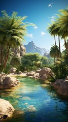 A serene landscape with a flowing river and lush palm trees