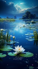 Fototapeta na wymiar Water lilies in a moonlit pond
