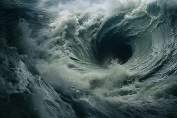 Foto op Plexiglas A massive wave crashing in the open sea © KWY