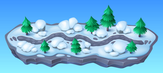 Obraz premium Winter game map with road among fir trees and stones, ground covered with snow and ice. Cartoon vector horizontal level interface with walkway through spruce forest. Blue ui landscape with path.
