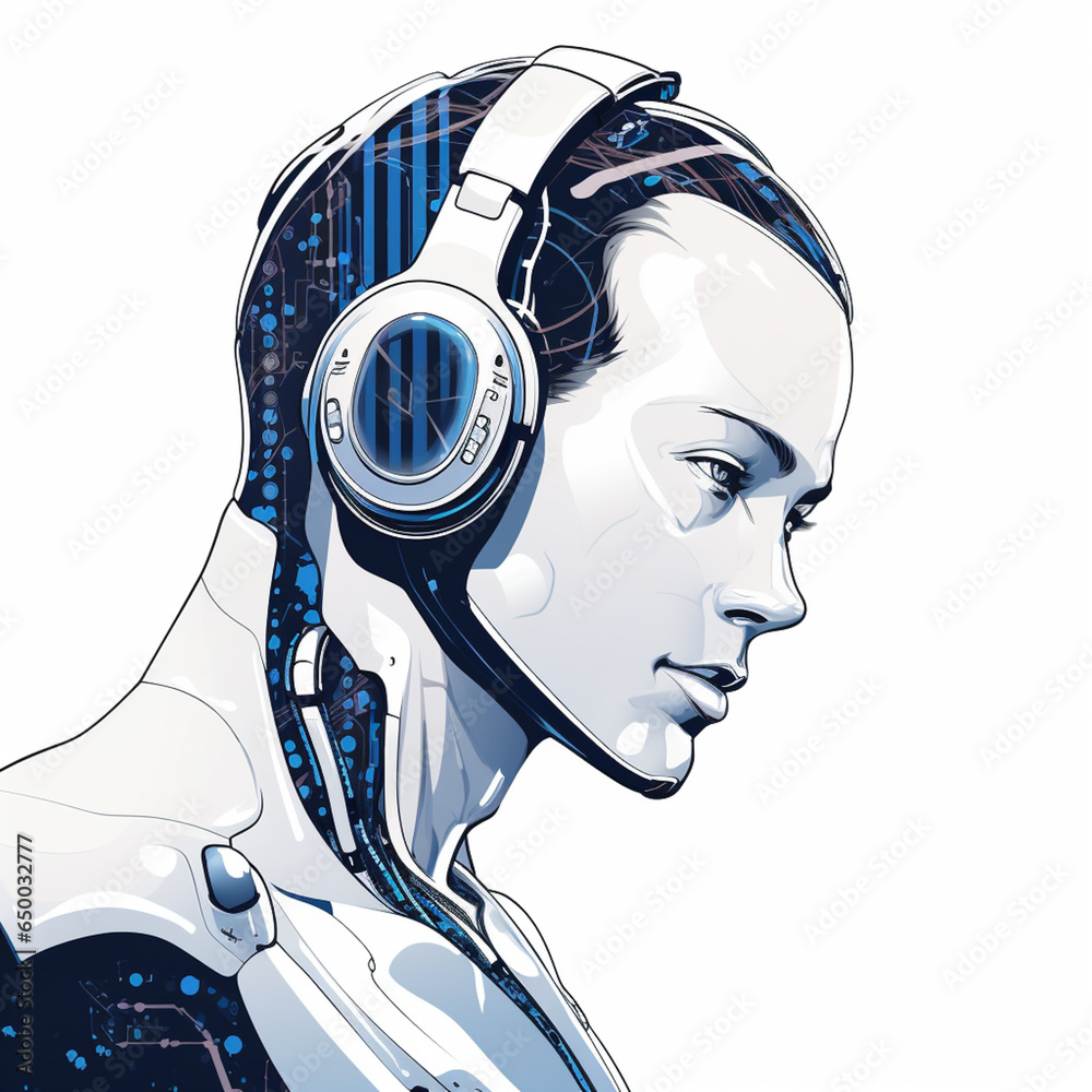 Poster a line art depiction of a robot wearing headphones, suggesting ai's role in speech recognition and n