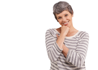 Senior woman, portrait with smile and retirement with positive attitude isolated on png transparent background. Mature German model, face and happiness with natural beauty, wellness and relax