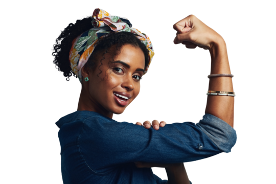 Strong, power and portrait of woman for gender equality, fight and feminism on isolated, transparent or png background. Flex, arms and icon with confidence, pride or challenge for women empowerment