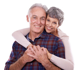 Marriage, hug and portrait of old couple isolated on transparent png background in trust, love and...