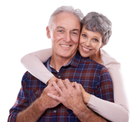 Marriage, hug and portrait of old couple isolated on transparent png background in trust, love and care. Happy support, senior man and woman embrace in romantic bonding, smile and retirement together