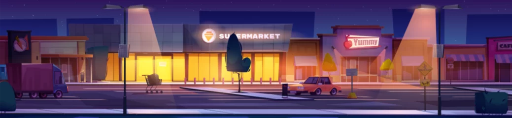 Fotobehang Night supermarket and autos on parking lot. Vector cartoon illustration of illuminated large shopping mall building with cafe and grocery shop entrances, car and truck in dark street, starry sky © klyaksun