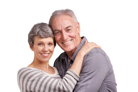 Marriage, embrace and portrait of old couple isolated on transparent png background in trust, love and care. Support, senior man and happy woman hug in romantic bonding, smile and retirement together