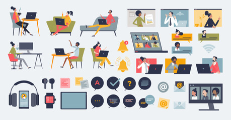 Fototapeta Digital communication and remote online work tiny person collection set. Elements with distant job conversation and interaction with colleagues vector illustration. Webinar and videocall technology. obraz