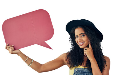 Speech bubble, portrait and thinking by woman with faq, mockup or space on isolated, transparent or...