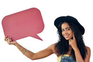 Speech bubble, portrait and thinking by woman with faq, mockup or space on isolated, transparent or png background. Questions, face and female student with why, sign up or social media announcement