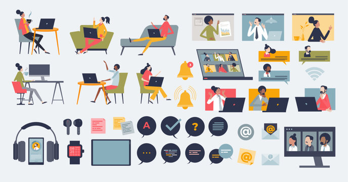 Digital communication and remote online work tiny person collection set. Elements with distant job conversation and interaction with colleagues vector illustration. Webinar and videocall technology.