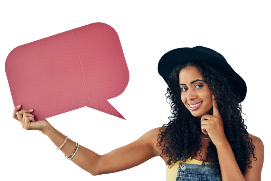 Speech bubble, portrait and thinking by woman with faq, mockup or space on isolated, transparent or png background. Questions, face and female student with why, sign up or social media announcement