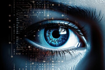 Digital eyes with coding background.
