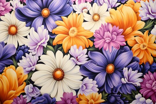 Energetic floral pattern featuring daisies and violets on a lively backdrop. Generative AI