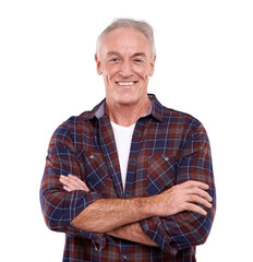 Portrait, happy and elderly man with arms crossed isolated on transparent png background. Smile,...