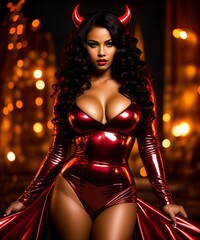 beautiful woman in halloween devil costume with horns - obrazy, fototapety, plakaty