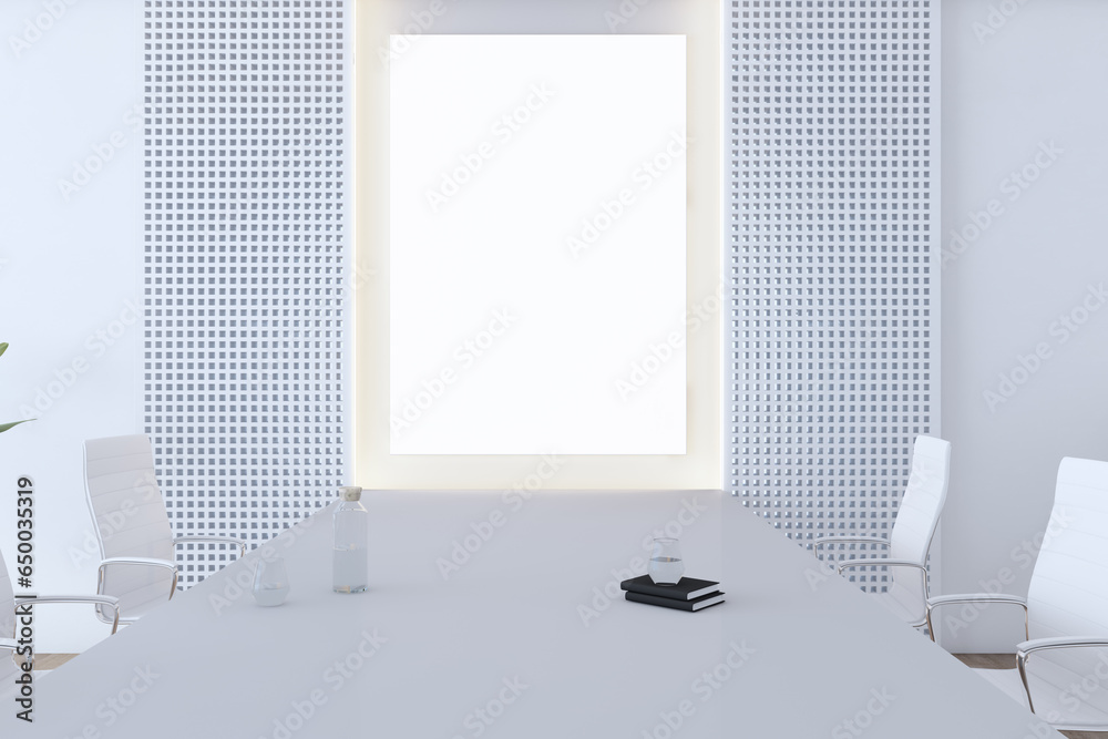 Poster modern white meeting room interior with empty mock up banner, furniture and decorative objects. 3d r