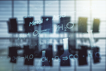 Double exposure of abstract virtual chemistry hologram on a modern meeting room background, research and development concept
