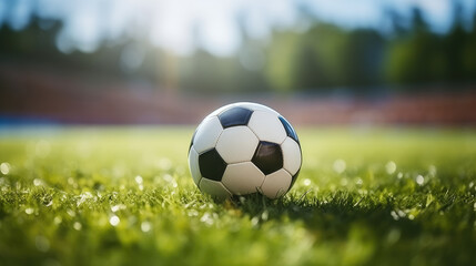 Fototapeta premium Close up of soccer ball or football on grass with stadium background