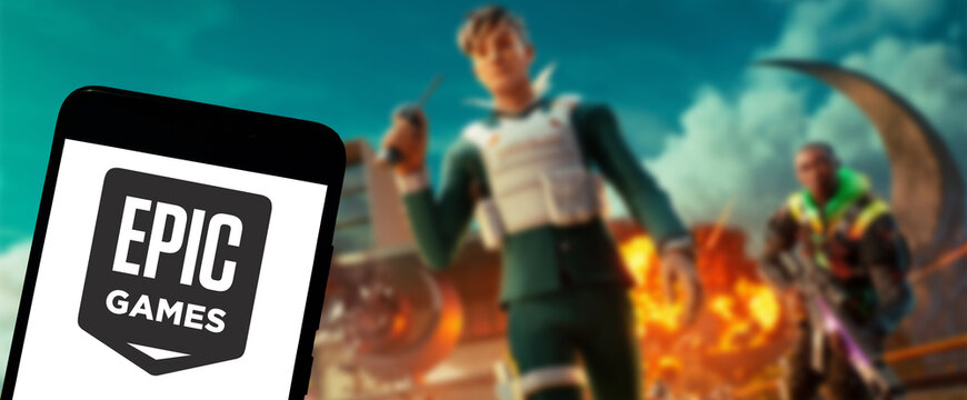 Epic Games logo on smartphone screen - Horizontal banner web