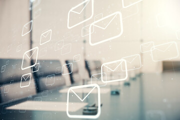 Abstract virtual postal envelopes sketch on a modern boardroom background, e-mail and marketing...