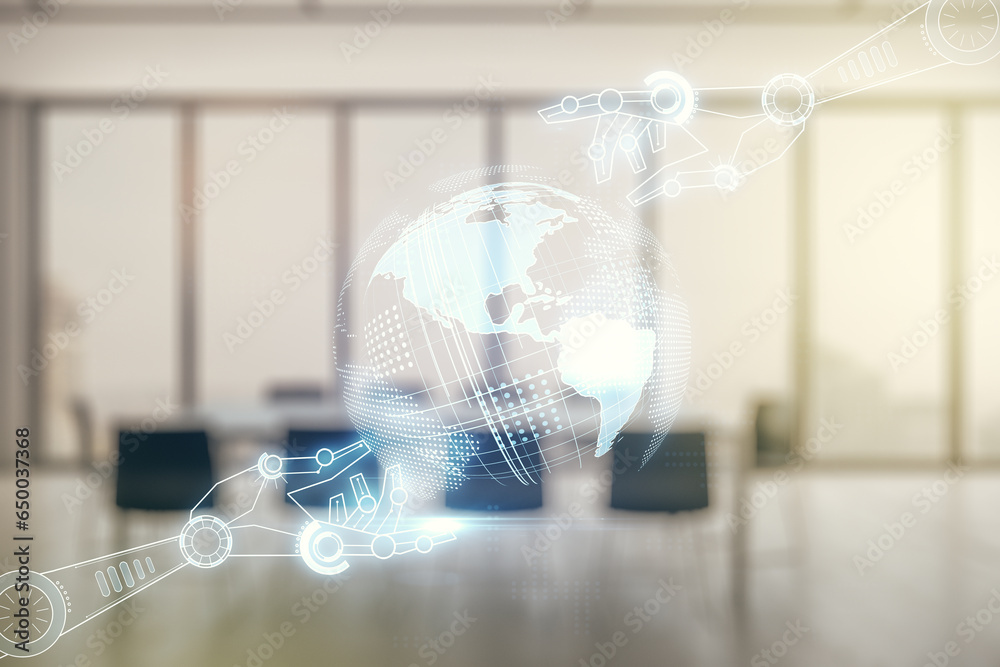 Aufkleber Double exposure of abstract virtual robotics technology with world map hologram on a modern meeting room background. Research and development software concept
