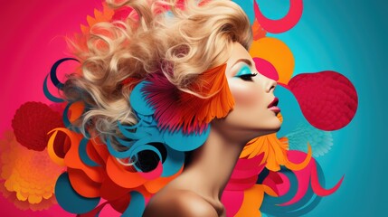 Colorful vivid vibrant portrait of a blonde woman or young girl profile with short hair and good skin care in pop art collage style
