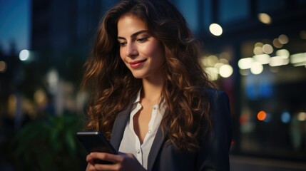 relaxing businesswoman is working with her team with her smartphone.