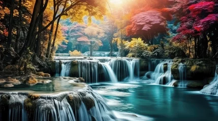 Badkamer foto achterwand Amazing view beautiful waterfall in colorful autumn forest © Atchariya63