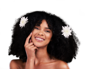 Woman, flowers in hair and natural beauty, afro hairstyle and cosmetic care with face isolated on png transparent background. Haircare, glow and curls with nature for treatment, texture and portrait