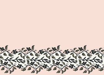 Floral vine seamless border pattern in pink, white , black with horizontal creeping flowers. Great choice for wedding invitation, bedding, women's clothing, accessories, home decor, party decoration
