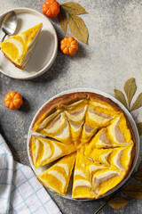 Healthy autumn dessert for breakfast. Pumpkin cottage cheese casserole pie "Zebra", striped casserole with cheese, chocolate and pumpkin on stone background. View from above. Copy space.