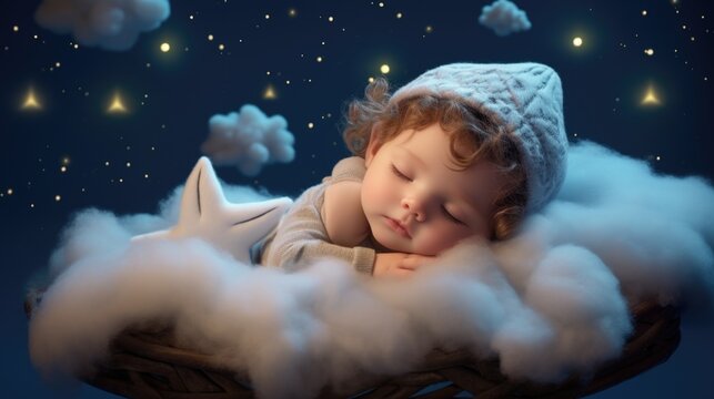 A baby sleeping in a basket with clouds and stars
