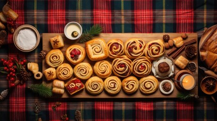 A table topped with lots of pastries on top of a wooden cutting board