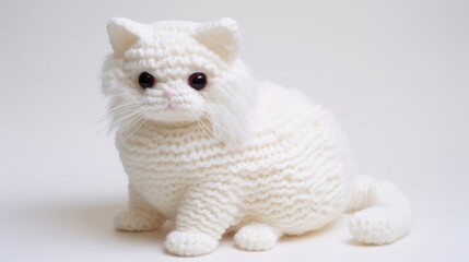 Fototapeta na wymiar A white knitted cat sitting on a white surface