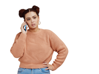 Young woman is upset, phone call and communication fail with conflict and anger isolated on png transparent background. Tech, connectivity and difficult conversation with disagreement and mistake