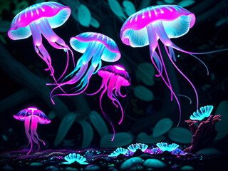 Jellyfish swimming in the sea. Neon light.