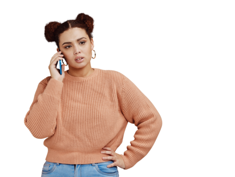 Young woman is upset, phone call and communication fail with conflict and anger isolated on png transparent background. Tech, connectivity and difficult conversation with disagreement and mistake