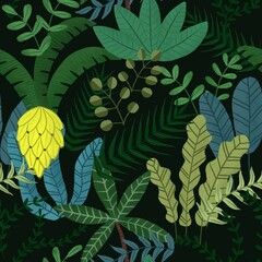 Seamless pattern with cute handdrawn jungle tropical forest in dark background
